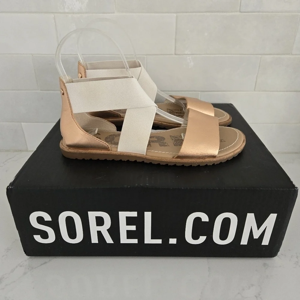 Sorel Ella Elastic Ankle Strap Gladiator Sandal Rose Gold Metallic Leather 6.5 - Picture 1 of 6